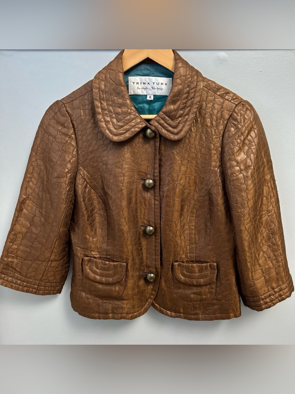 Trina Turk Vintage Croc Embossed Faux Leather Cropped Jacket Brown 8 Boho